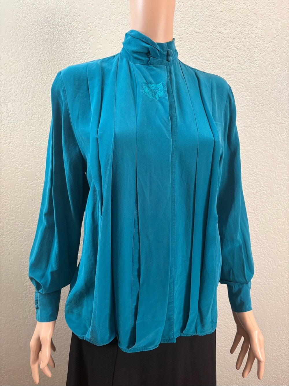 Anne Klein Silk Teal Pleated High-Neck Blouse